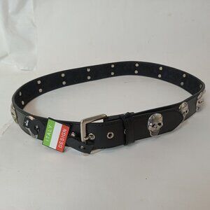 Skull Belt Black Genuine Leather Men's Chrome Italy Style L 38-40 ST-1220 New